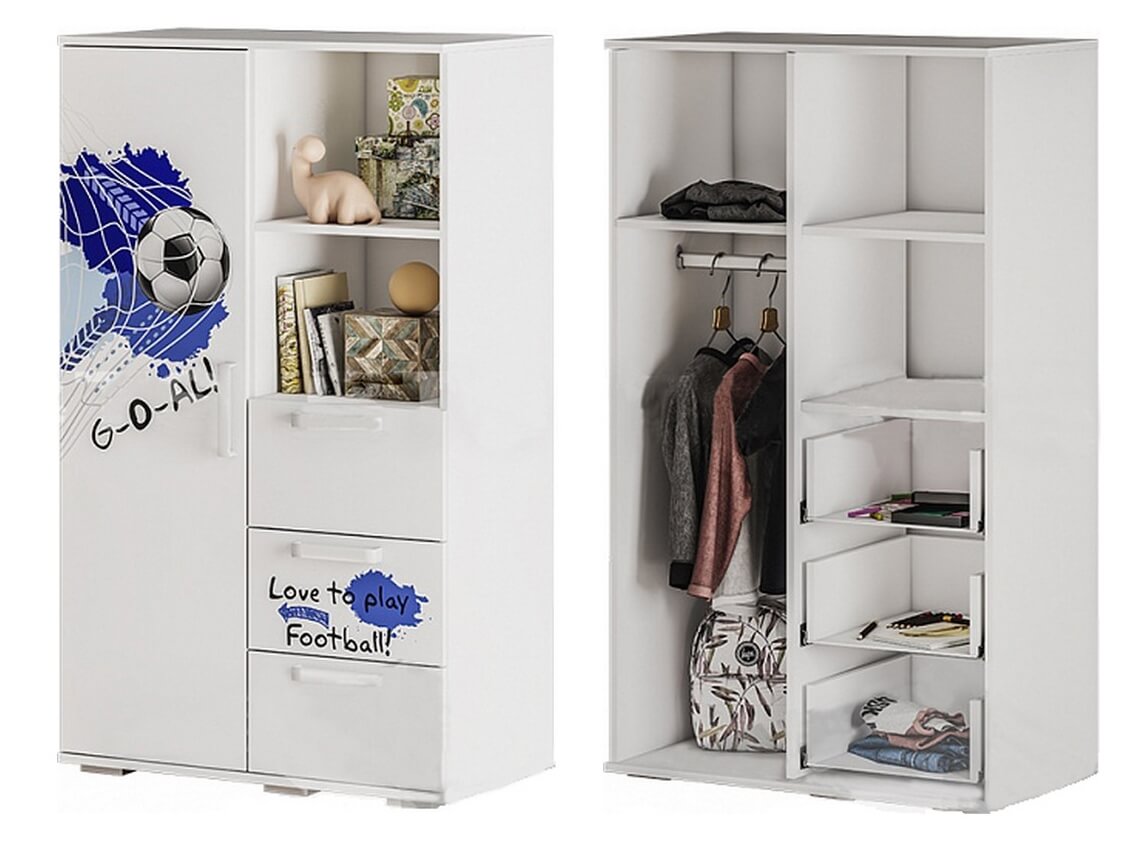 Белый шкаф-стеллаж в детскую №279 с ящиками и принтом на заказ